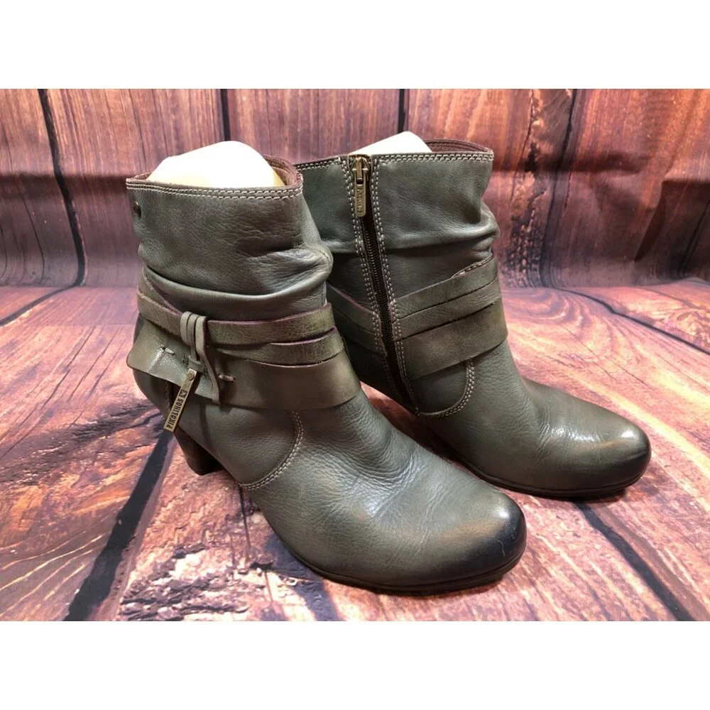 Pikolinos Womens 40 /US 9 - 9.5 Green Leather Heeled Side Zip Booties Boots (t7 - Picture 1 of 10